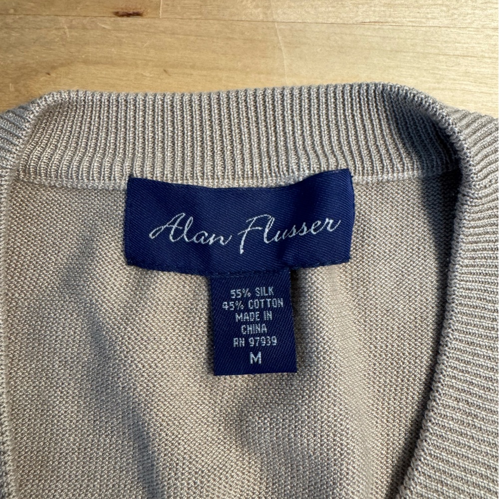 Alan Flusser Men’s Button Front Vest Khaki Size M Cable Knit Front Silk & Cotton - Picture 4 of 6